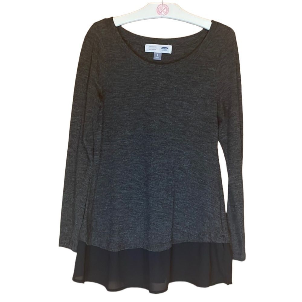 •OLD NAVY•MATERNITY CHARCOAL GRAY LONG SLEEVE TOP BLACK SHEER HEM SIZE SMALL EUC